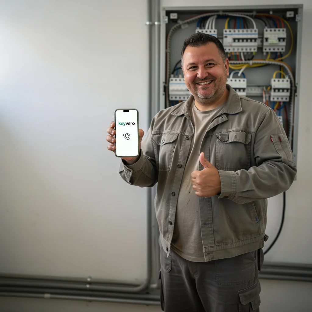 Elektriker mit Smartphone und der Keyvero-App