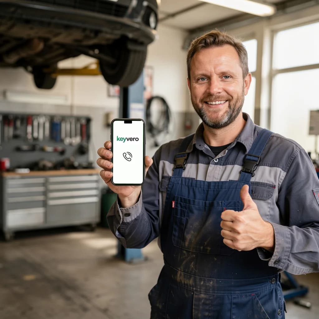 Mechaniker in der Werkstatt mit der Keyvero-App